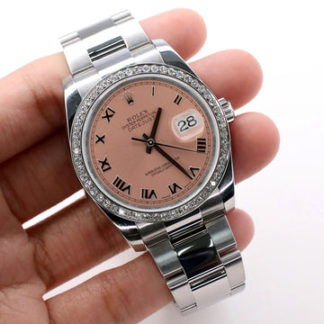 Rolex Datejust 36mm Salmon Roman Dial Oyster Watch with custom VS1 Diamond Bezel 116200