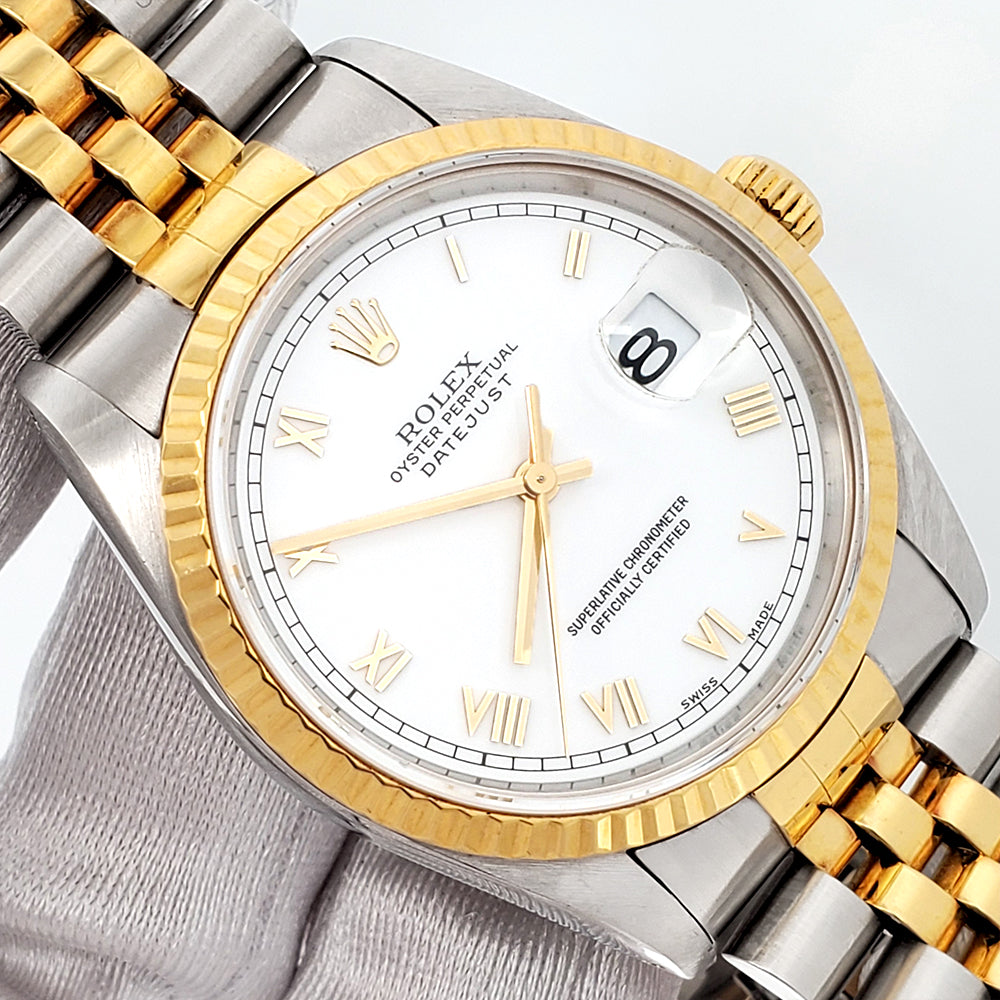 Rolex Datejust 36mm White Roman 2-Tone Yellow Gold/Steel Jubilee Watch 16233