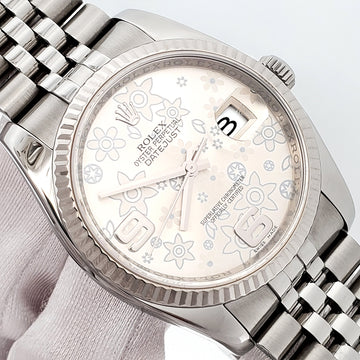 2012 Rolex Datejust 36mm Silver Floral Motif White Gold Fluted Bezel Steel Jubilee Watch 116234 Box Papers