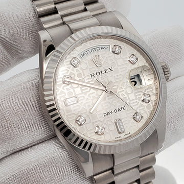 Rolex President Day-Date 36mm 118239 Factory Silver Jubilee Diamond Dial Fluted White Gold Watch Box Papers