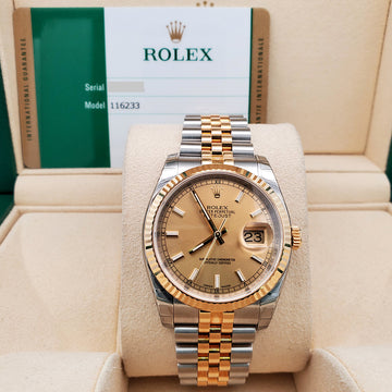 Unworn Stickered Rolex Datejust 36mm Champagne Index Yellow Gold/Steel Jubilee Watch 116233 Box Papers
