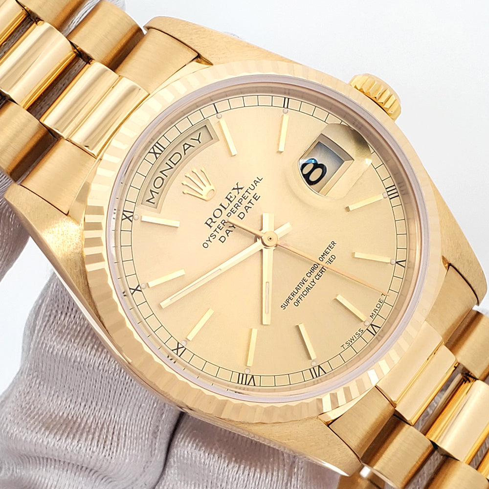 1995 Rolex President Day-Date 36mm 18238 Champagne Index Double-Quick Yellow Gold Watch