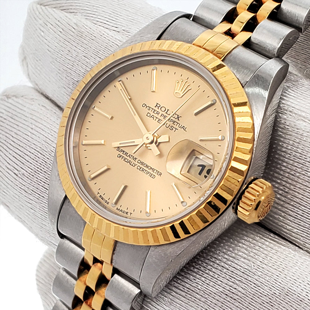 Rolex Datejust 26mm Champagne Index Dial 2-Tone Yellow Gold Fluted Jubilee Watch 79173