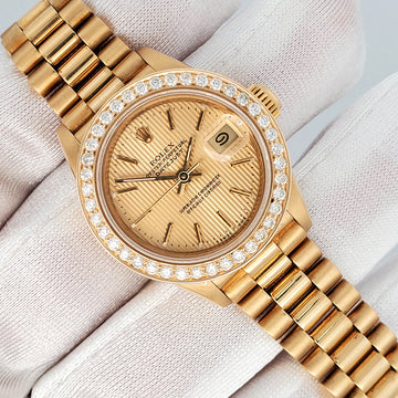 Rolex President 26mm Diamond Bezel/Champagne Tapestry Dial Yellow Gold Watch 69178