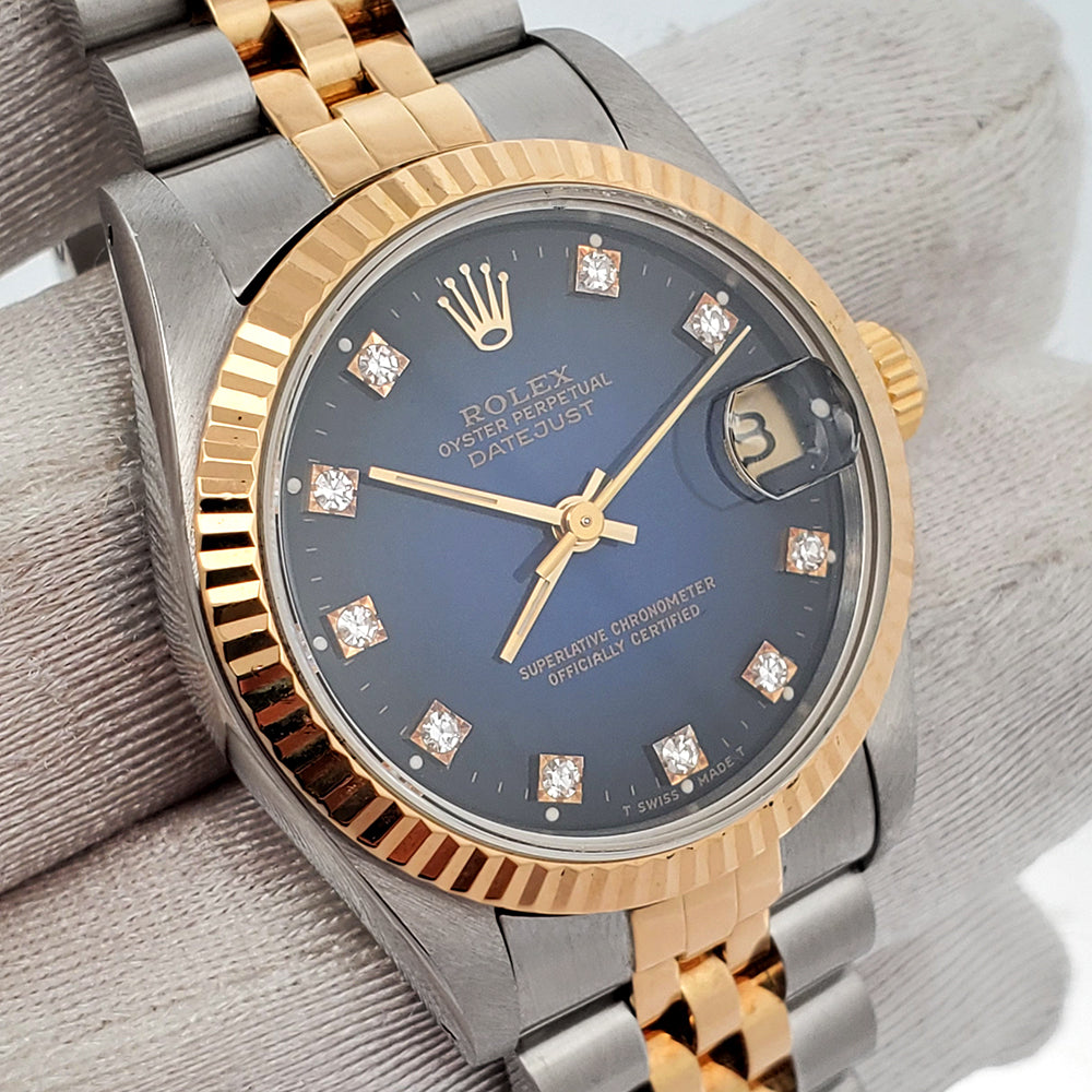 Rolex Datejust 2-Tone 31mm Factory Blue Vignette Diamond Dial Yellow Gold/Steel Watch 68273