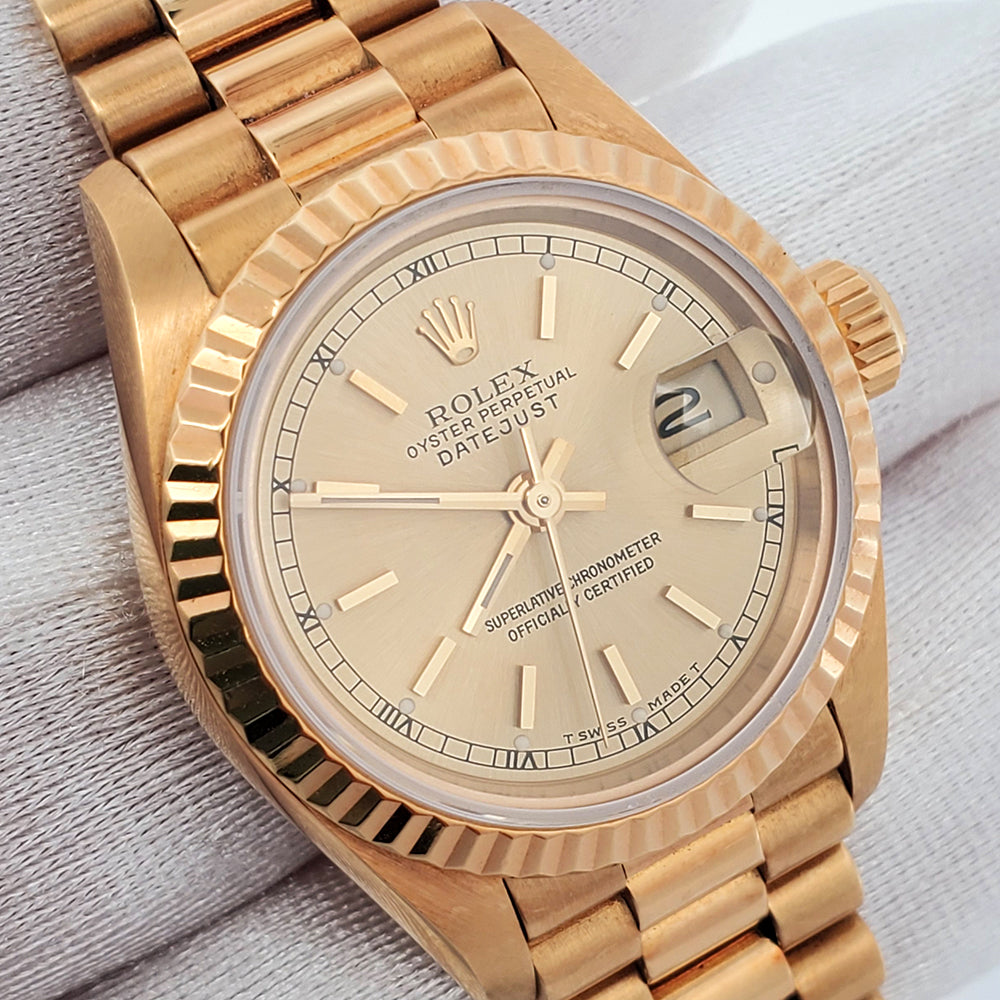 Rolex President 26mm Champagne Index Dial Yellow Gold Fluted Watch 69178 Box Papers