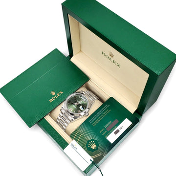 2021 Rolex President Day-Date Olive Green Roman Dial Platinum 40mm Watch 228206 Box/Papers/Tag