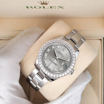 Rolex Datejust Midsize 31mm Sliver Roman Dial 1.6ct 178240 Diamond Bezel Watch