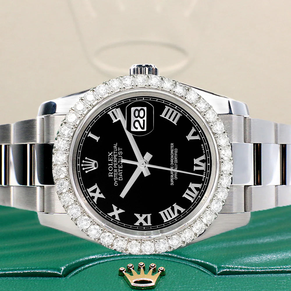 Rolex Datejust 116200 36mm 2.7ct Diamond Bezel/Black Roman Dial Steel Oyster Watch