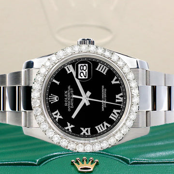 Rolex Datejust 116200 36mm 2.7ct Diamond Bezel/Black Roman Dial Steel Oyster Watch