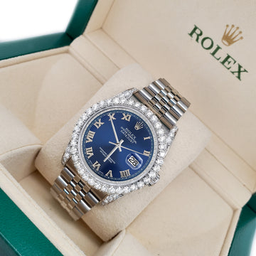 Rolex Datejust 116200 36mm 3.9CT Diamond Bezel/Lugs/Blue Roman Dial Steel Watch