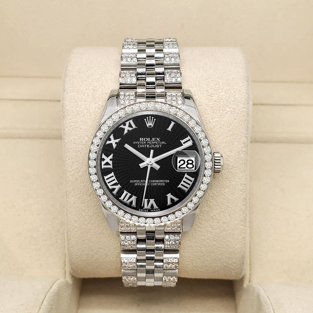 Rolex Datejust 31mm Black Sunbeam Dial 3.30ct Diamond Bezel/Bracelet Steel Watch 178240