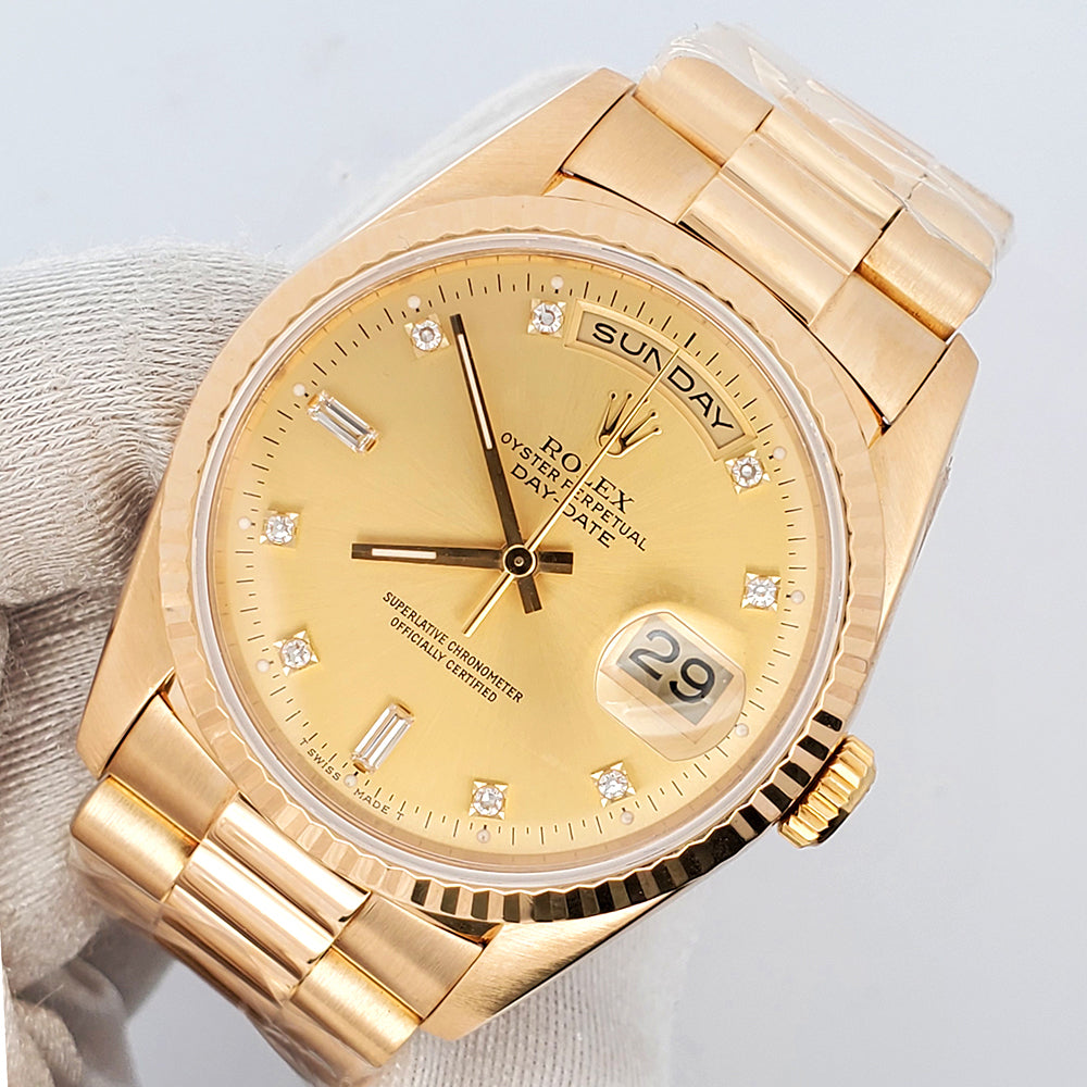 Rolex President Day-Date 36mm Factory Diamond Dial Double-Quick Yellow Gold Watch 18238 Box Papers