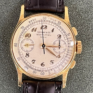 1946 Mint Rare Patek Philippe 18k Yellow Gold Tiffany Dial 130 Breguet Numarals Vintage Chronograph 33mm watch with Archive Paper
