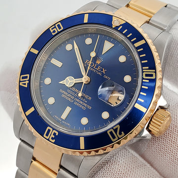 Rolex Submariner Date Engraved Rehaut 40mm Blue 2-tone Yellow Gold/Steel Watch 16613 Box Papers