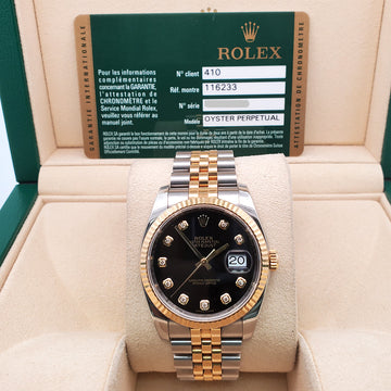 Rolex Datejust 36mm Factory Black Diamond 2-Tone Yellow Gold/Steel Jubilee Watch 116233 Box Papers