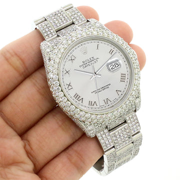 Rolex Datejust 36mm 116200 Pave 16.9CT Diamond Bezel/Case/Bracelet/Silver Roman Dial Watch Box Papers