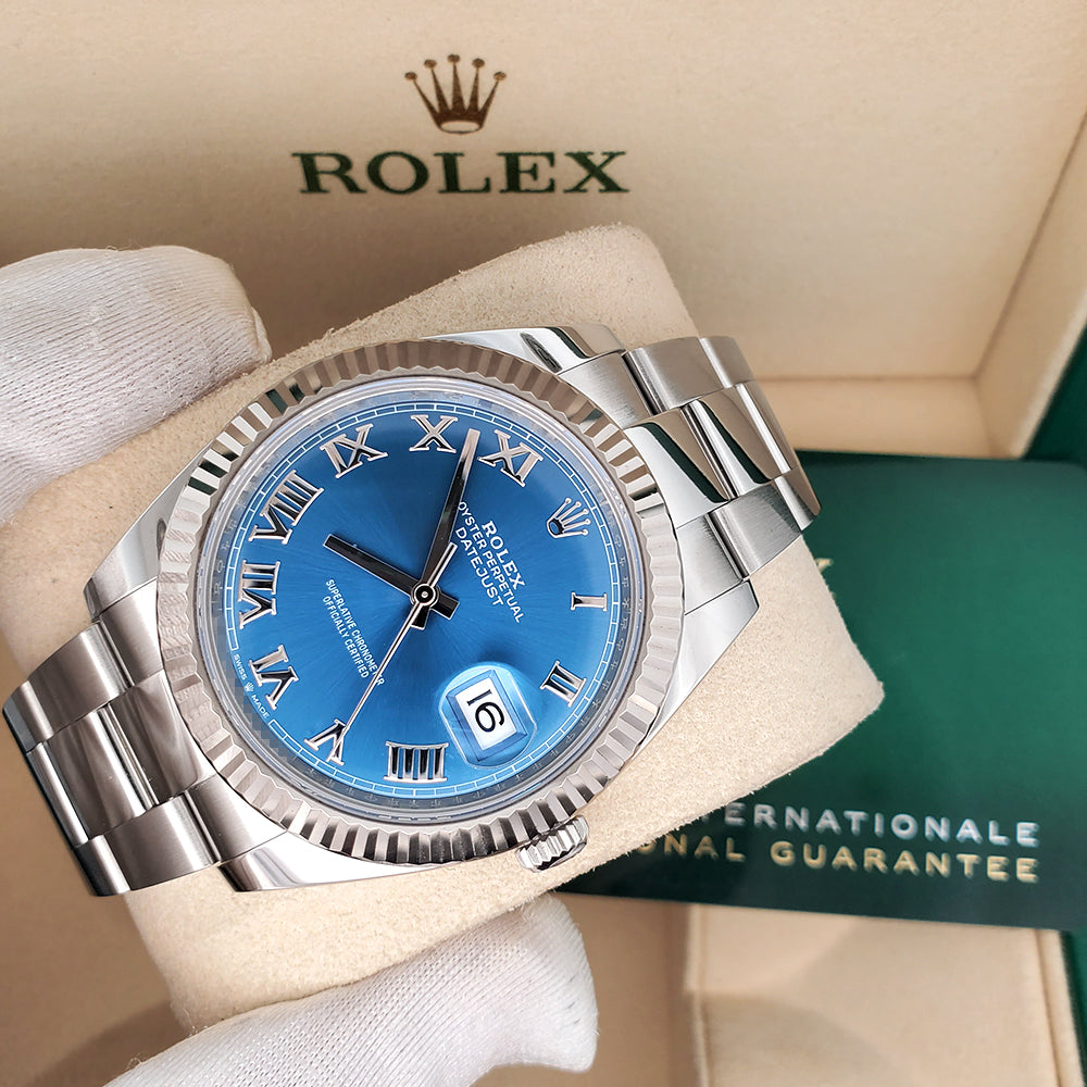 2023 Unworn Rolex Datejust 41 Blue Roman White Gold Fluted Bezel Watch 126334 Box Papers