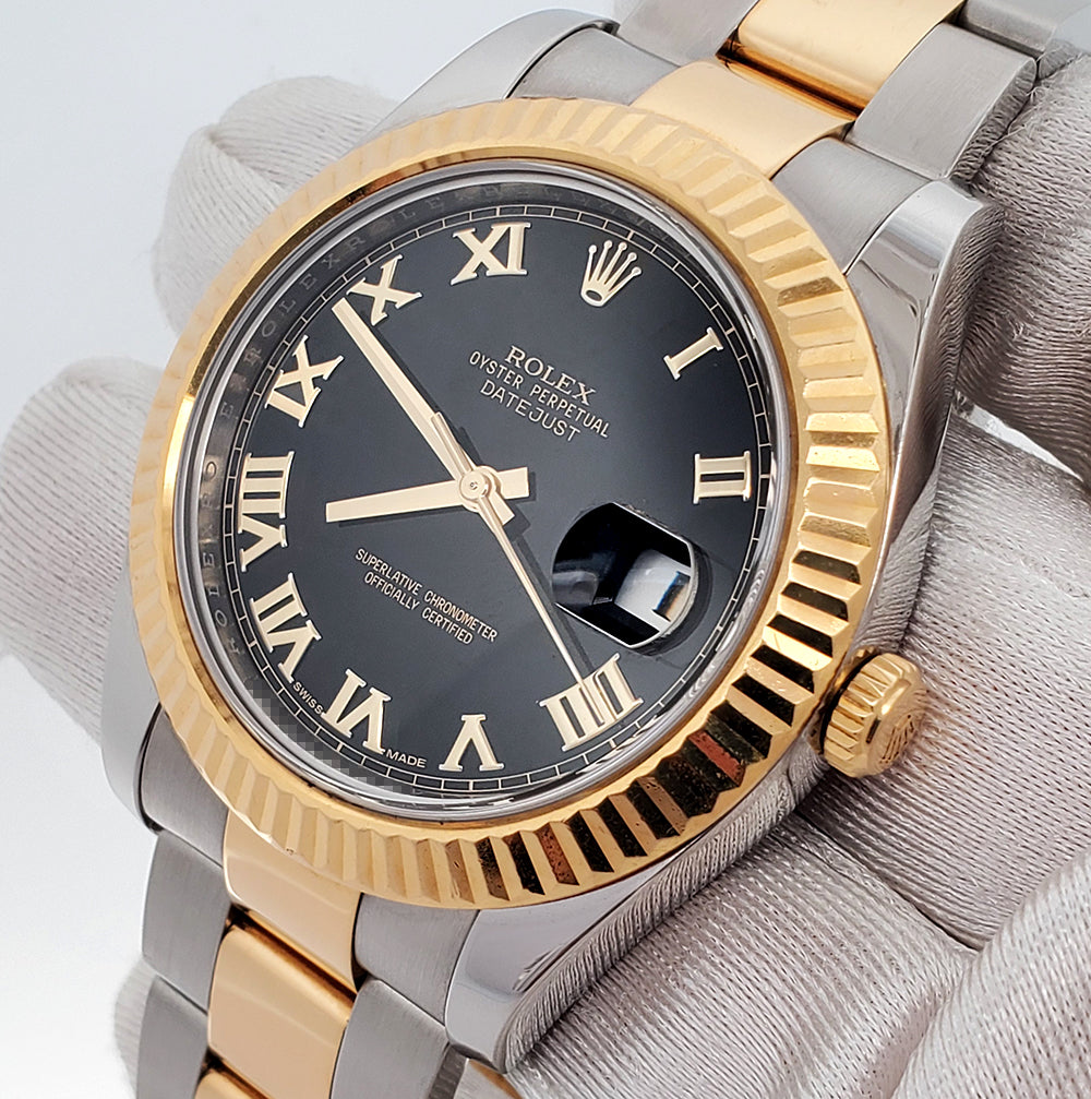 Rolex Datejust II 41mm Black Roman Dial 2-Tone 18K Yellow Gold/Stainless Steel Watch 116333 Box Papers