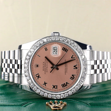 Rolex Datejust 36mm Salmon Roman Dial Steel Jubilee Watch with 1.85CT Custom Diamond Bezel 116200