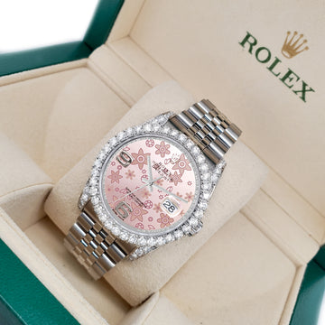 Rolex Datejust 116200 36mm 3.9CT Diamond Bezel/Lugs/Pink Floral Dial Steel Watch