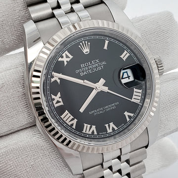 Rolex Datejust 36mm Black Roman White Gold Fluted Bezel Steel Jubilee Watch 116234 Box Papers