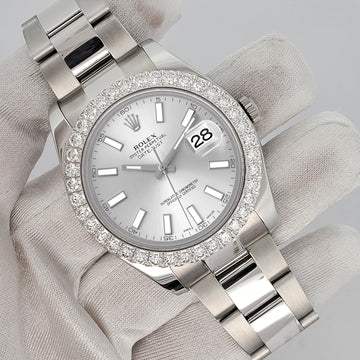 Rolex Datejust II 41mm 3.8ct Diamond Bezel/Silver Index Dial Steel Watch 116300 Box Papers