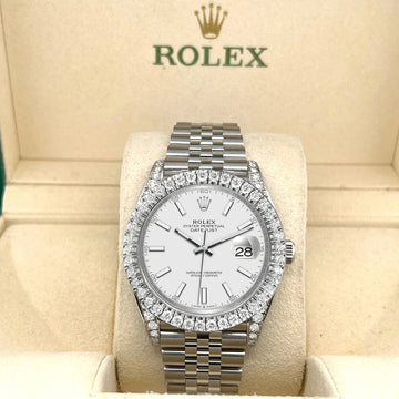Rolex Datejust 41 Custom 4.4CT Diamond Bezel/Lugs/White Index Dial Steel Jubilee Watch 126300 Box/Papers/Appr