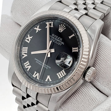 Rolex Datejust 36mm Black Roman White Gold Fluted Bezel Steel Jubilee Watch 116234 Box Papers