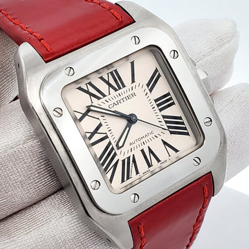 Cartier Santos 100 Midsize Red Leather Strap Watch 2878 W20106X8