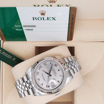 Rolex Datejust 36mm Silver Roman White Gold Fluted Bezel Steel Jubilee Watch 116234 Box Papers