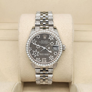 Rolex Datejust Midsize 31mm 3.30ct Diamond Bezel/Bracelet/Gray Floral Diamond Dial Steel Watch 178240