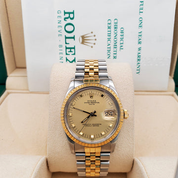 Rolex Date 34mm Champagne Dial Yellow Gold/Steel Jubilee 15013 Watch Box Papers