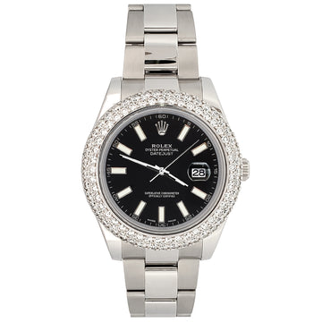 Rolex Datejust II 41mm 6.25ct Dome Diamond Bezel/Black Index Dial Steel Watch 116300 Box Papers