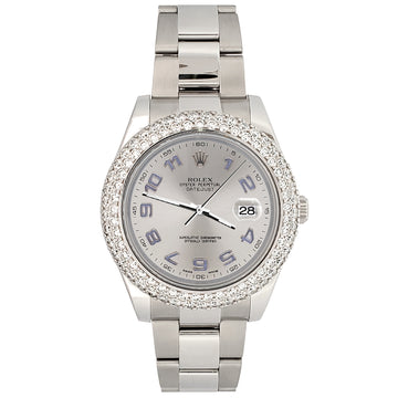 Rolex Datejust II 41mm 6.25ct Dome Diamond Bezel/Silver Arabic Dial Steel Watch 116300 Box Papers