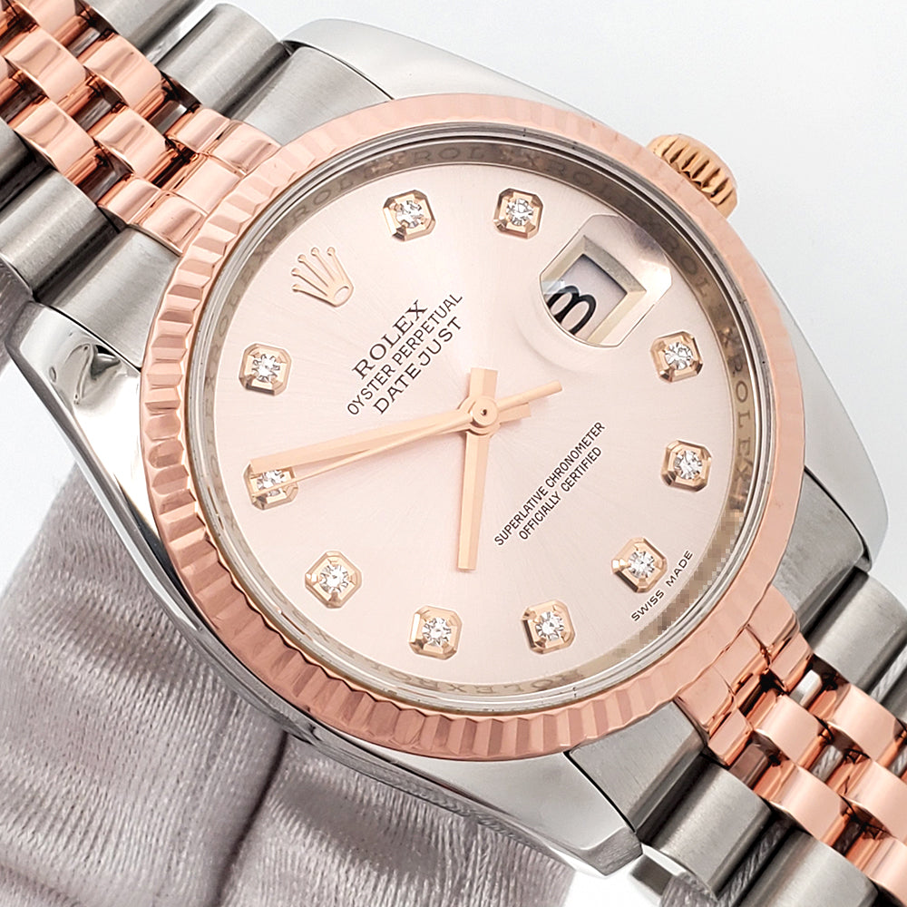 Rolex Datejust 36mm 116231 Factory Pink Diamond Dial 2-Tone Rose Gold Fluted Jubilee Watch Box/Papers/Tag