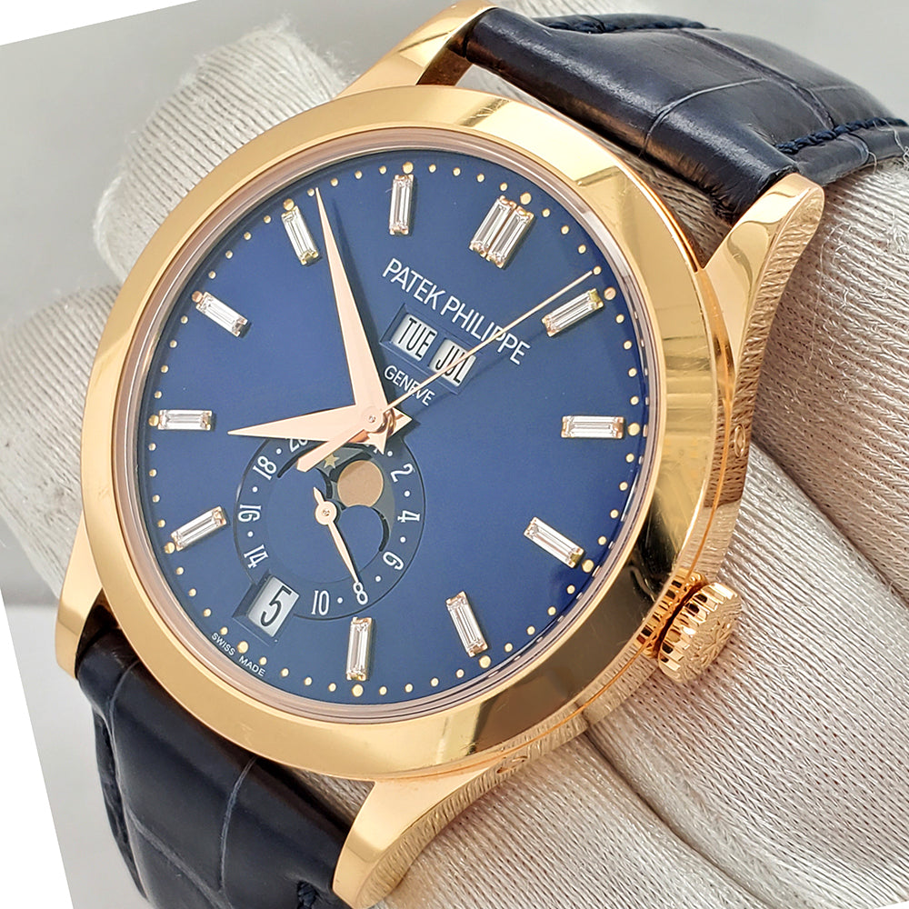 Patek Philippe Complications Moon Phase 5396R-015 Annual Calendar Blue Baguette Diamond Dial Rose Gold Watch Box Papers