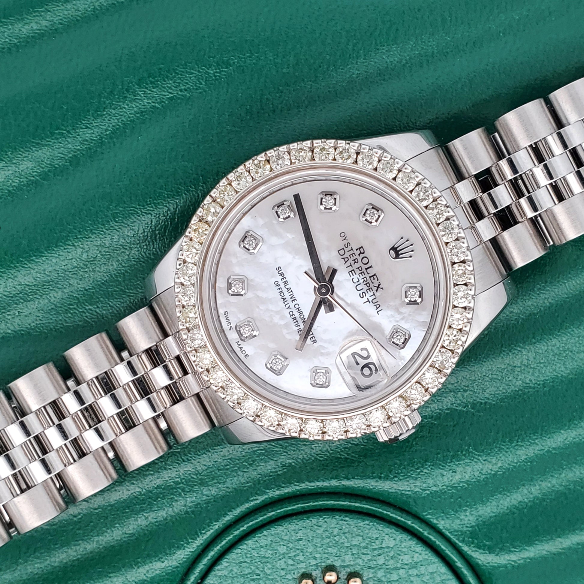 Rolex Datejust 31mm Custom 1.35ct Diamond Bezel/White MOP Diamond Dial Steel Jubilee Watch 178274 Box Papers