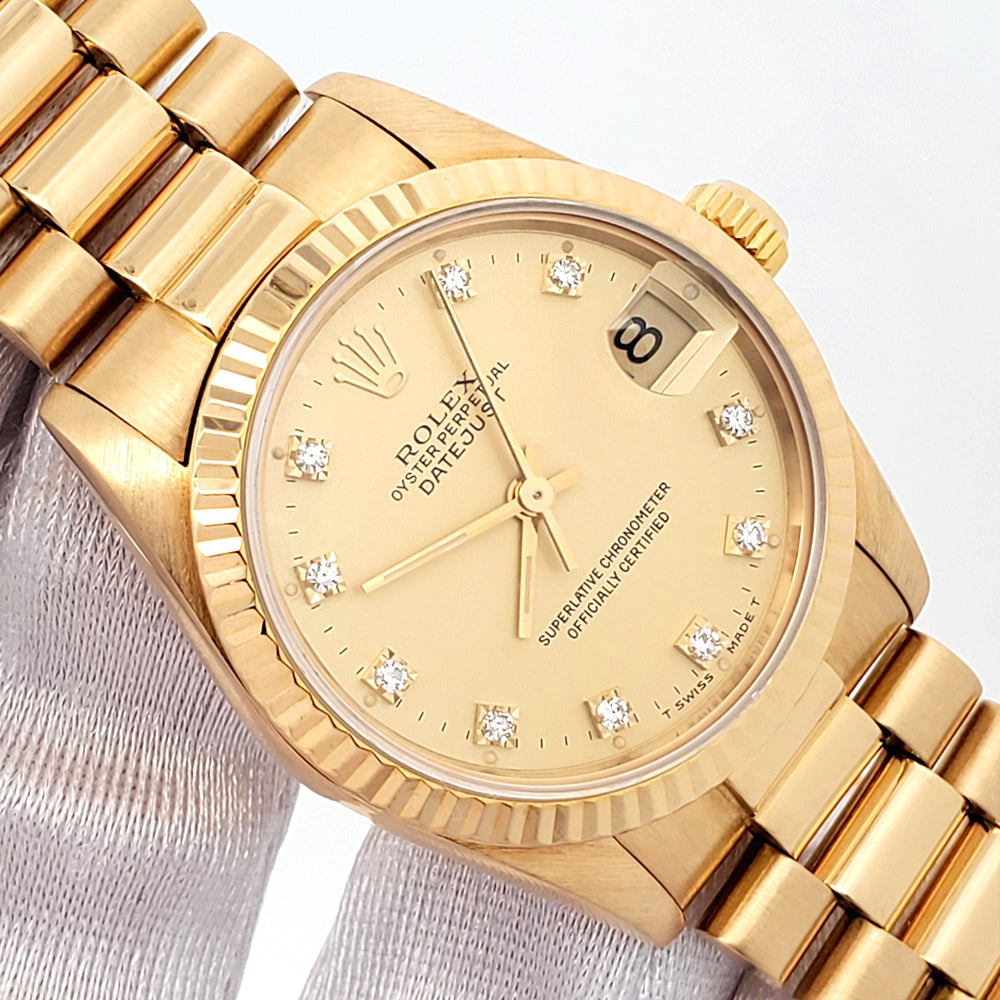Rolex President Datejust 31mm Factory Champagne Diamond Yellow Gold Watch 68278