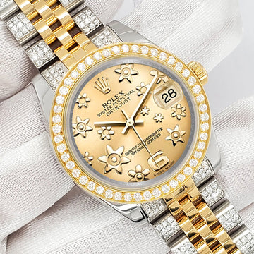 Rolex Datejust 31mm 2-Tone 178273 Champagne Floral Dial 3.56ct Diamond Bezel/Bracelet Watch