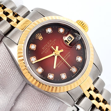 Rolex Datejust Factory Red Vignette Diamond Dial Yellow Gold /Steel Jubilee Watch 69173 Box/Apr