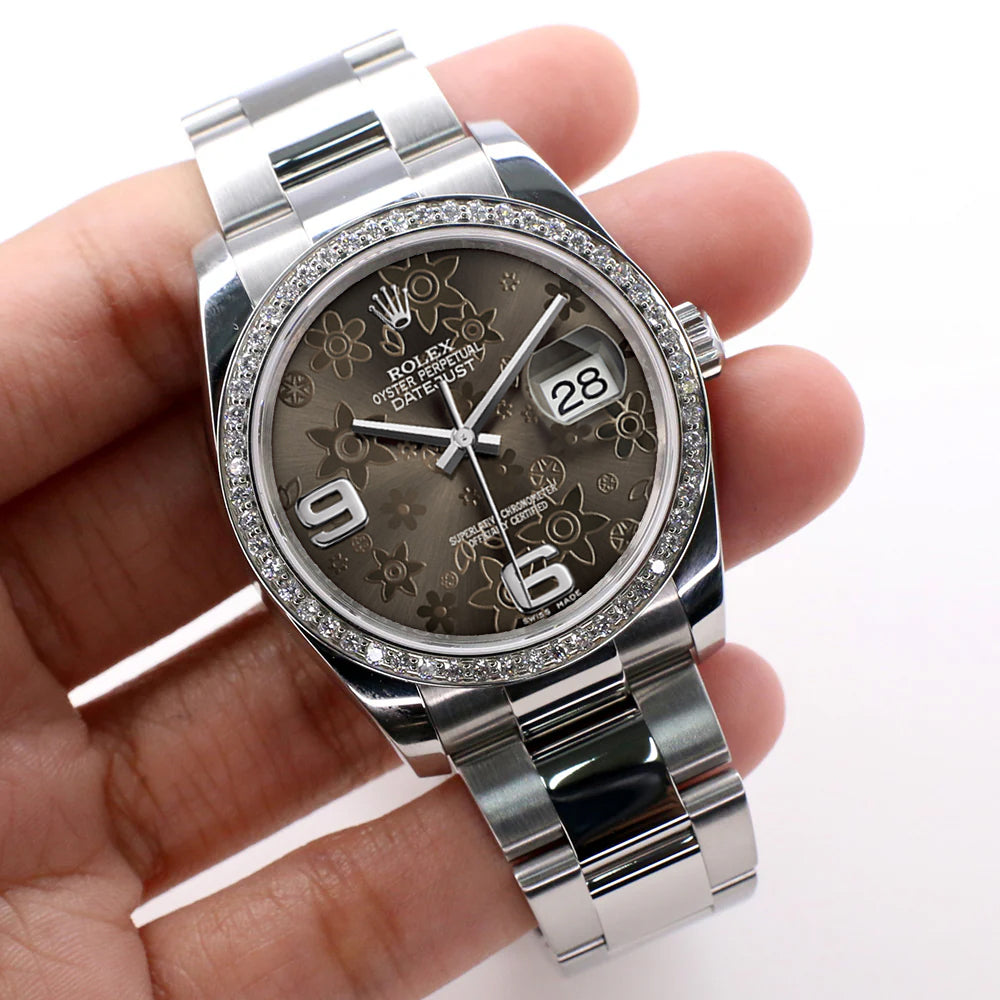 Rolex Datejust 36mm Rhodium Floral Dial Oyster Watch with custom VS1 Diamond Bezel 116200