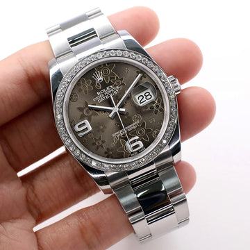 Rolex Datejust 36mm Rhodium Floral Dial Oyster Watch with custom VS1 Diamond Bezel 116200
