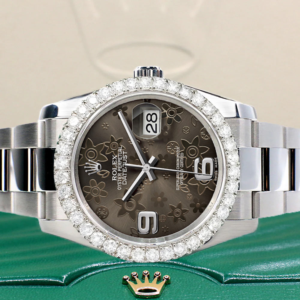 Rolex Datejust 116200 36mm 2.7ct Diamond Bezel/ Rhodium Floral Dial Steel Oyster Watch