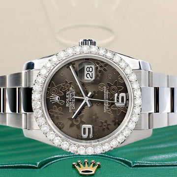 Rolex Datejust 116200 36mm 2.7ct Diamond Bezel/ Rhodium Floral Dial Steel Oyster Watch