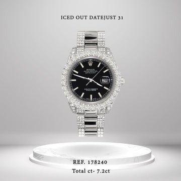 Rolex Datejust 31mm Black Index Dial Pave 7.2ct Iced Diamond Watch 178240