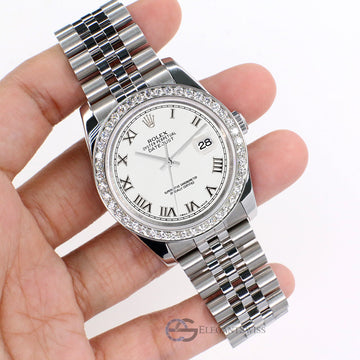 Rolex Datejust 36MM White Roman Dial Steel Jubilee Watch with 1.85CT Custom Diamond Bezel 116200
