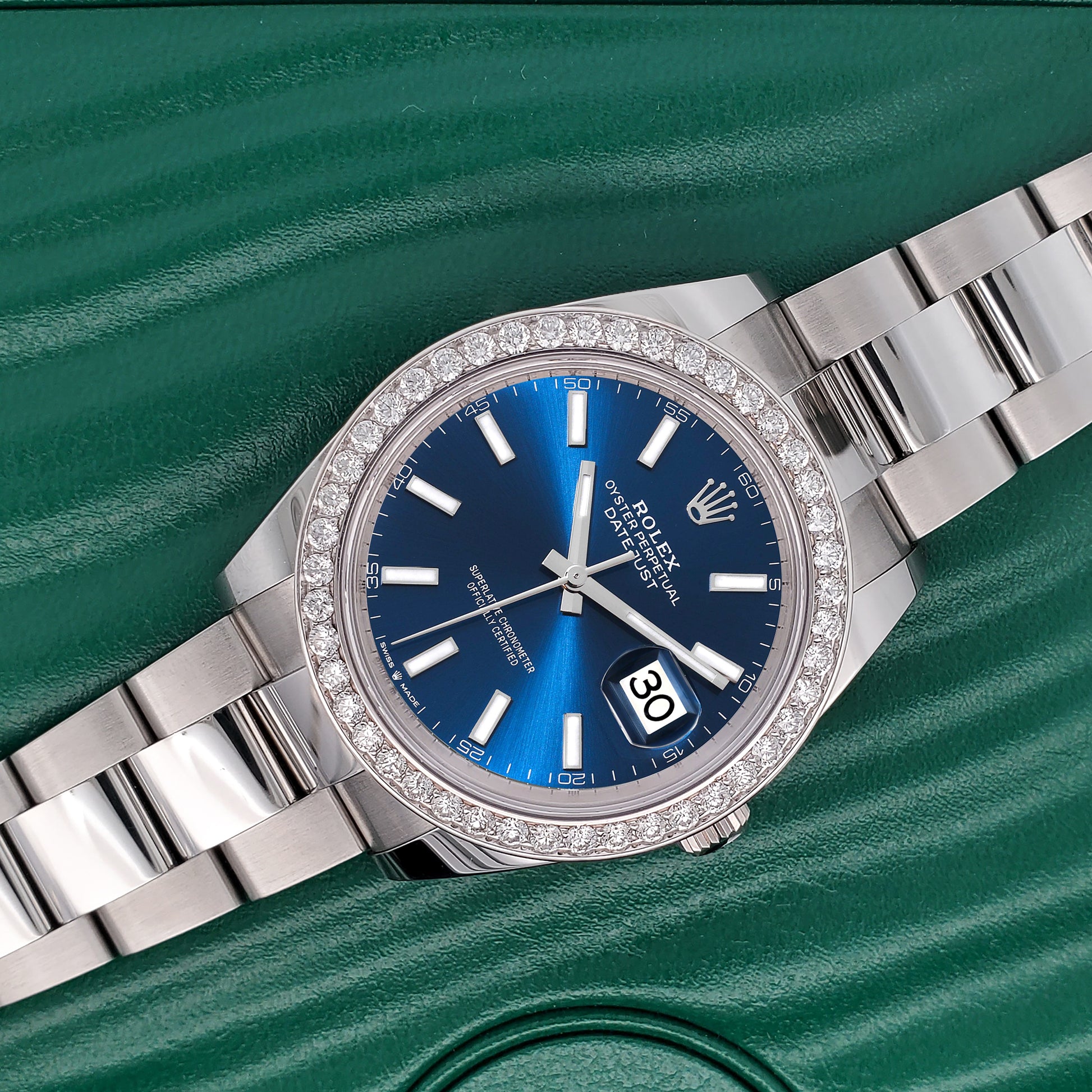Rolex Datejust 41 126300 Blue Index 2.4CT Diamond Bezel Steel Oyster Watch Box Papers