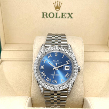 Rolex Datejust 41 4.4CT Diamond Bezel/Lugs/Blue Roman Dial Jubilee Watch 126300 Box Papers