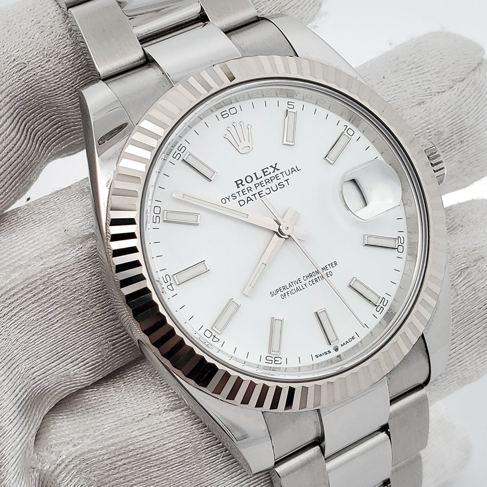 Rolex Datejust 41 126334 White Stick Dial White Gold Fluted Bezel Watch 2020 Box Papers